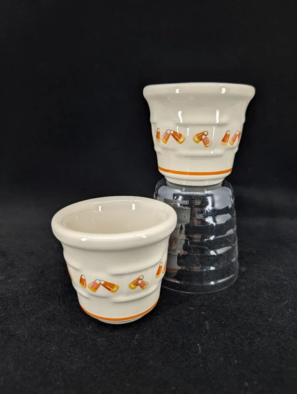 Longaberger Woven Tradition Pottery 1999 Halloween Candy Corn Votive Cup Set (2)